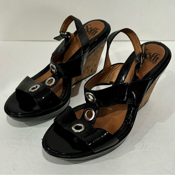 SOFFT Women’s Black Leather Cork Wedges Heels Sandals w/ Silver Buckle - size 7 - Picture 3 of 7